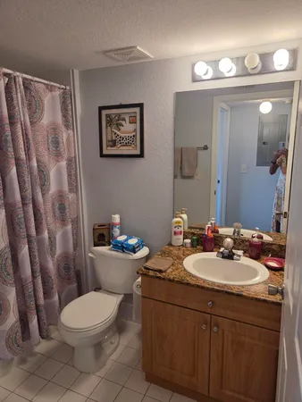 a bathroom with a sink a toilet a mirror and shower curtain