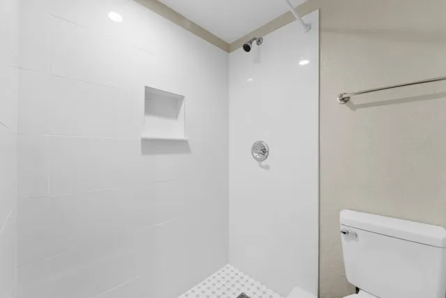 a bathroom with a shower and toilet