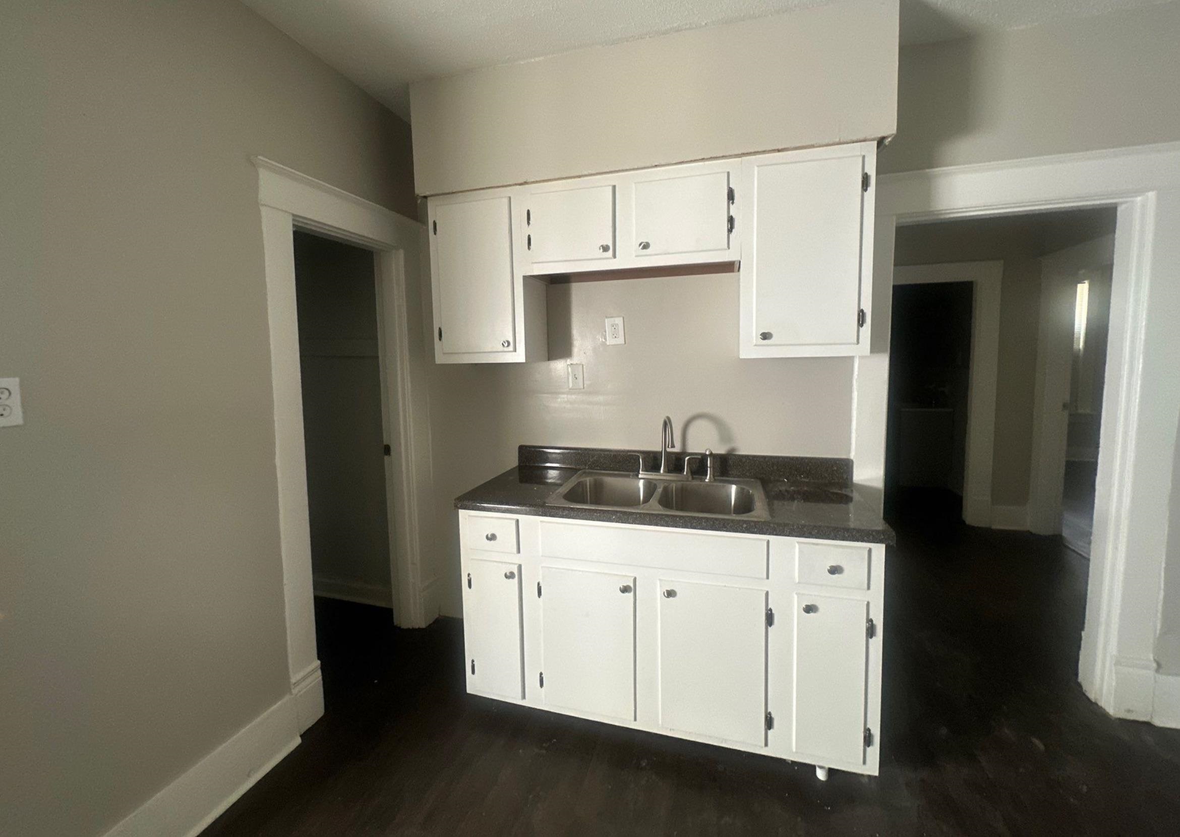 1165 Rayner Street Memphis, TN 38106 - Photo 13 of 16 Kitchenette featuring white cabinetry, a double basin stainless steel sink, dark countertop, and dark wood-finish flooring