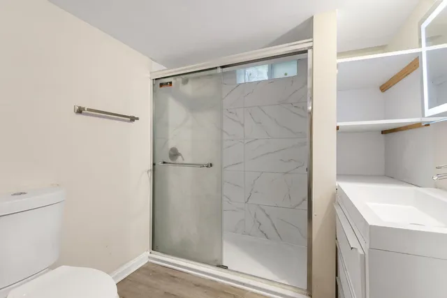 a bathroom with a shower and toilet