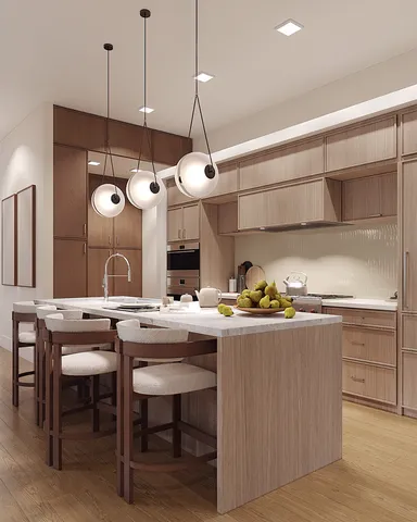 a kitchen with a sink a stove and chairs