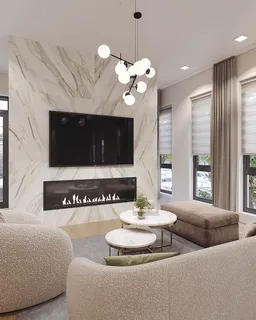 a living room with furniture a chandelier and a flat screen tv