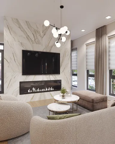 a living room with furniture a chandelier and a flat screen tv