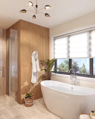 a bath tub sitting next to a window