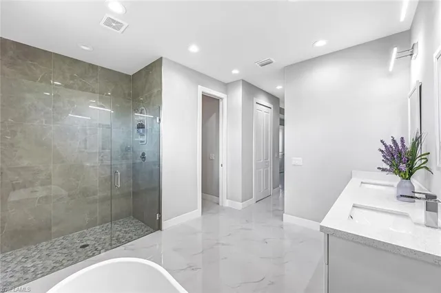 a bathroom with a shower a sink and a mirror