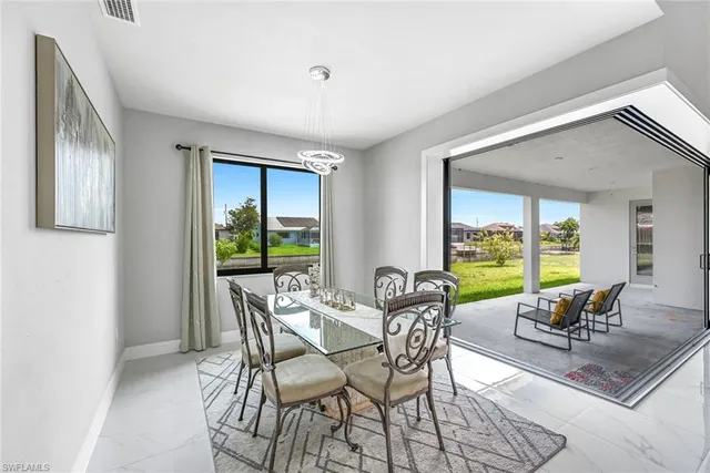 a view of a dining room with furniture window and outside view