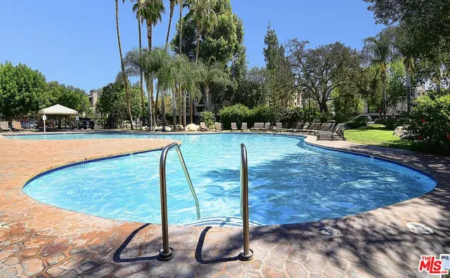a view of a swimming pool with a yard and palm trees