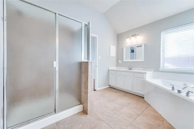 a bathroom with a tub sink shower and mirror
