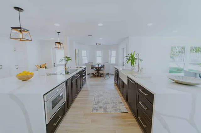 a kitchen with lots of counter top space
