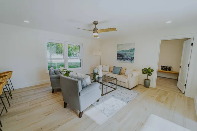 a living room with furniture and a potted plant