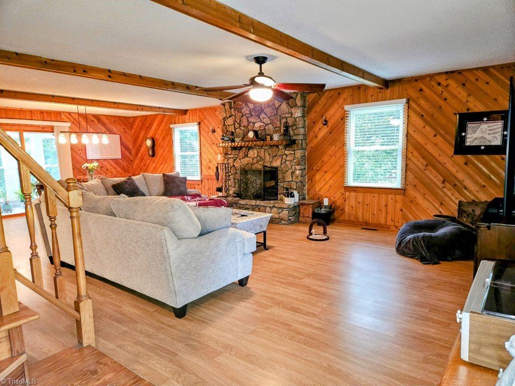Stone fireplace in large living room