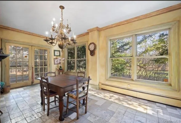 a view of a dining room with furniture and window