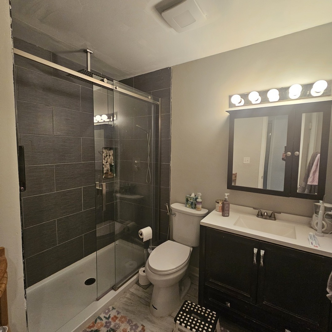 128 Essex Road Elk Grove Village, IL 60007 - Photo 7 of 18 a bathroom with a sink mirror toilet and shower