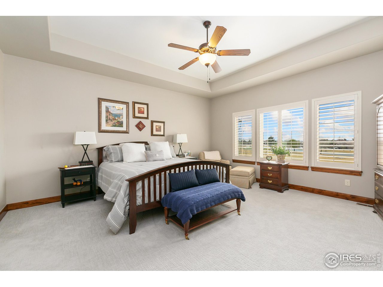 6701 Clovis Court Timnath, CO 80547 - Photo 14 of 40 a spacious bedroom with a bed a couch and a chandelier