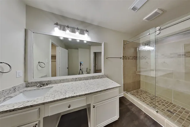 a bathroom with a granite countertop sink mirror and shower