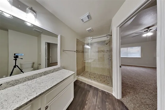 a bathroom with a granite countertop sink a mirror and shower