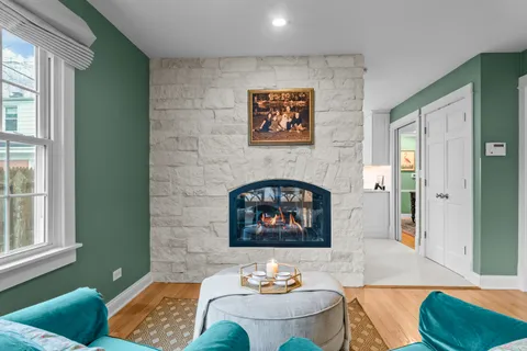 a living room with furniture and a table