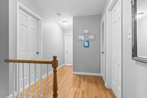 a view of a hallway view with wooden floor and staircase