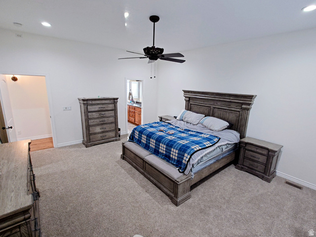 552 Sunset Crest Way Draper, UT 84020 - Photo 20 of 68 Bedroom with recessed lighting, a ceiling fan, light carpet, and connected bathroom