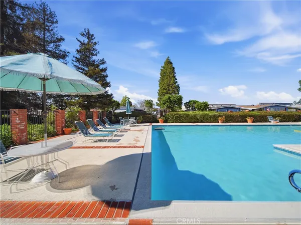 a roof deck with table and chairs with potted plants