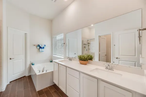 a bathroom with a sink and mirror with bathtub