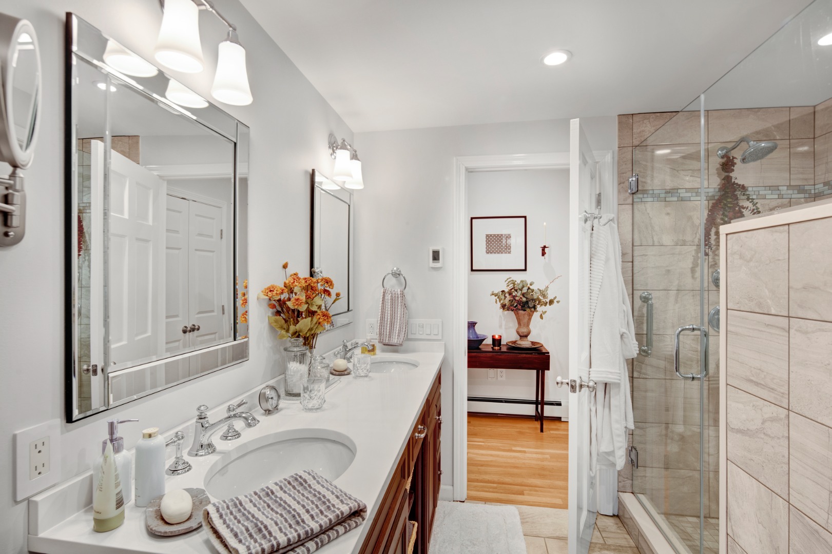 46 Bold Meadow Road Edgartown, MA 02539 - Photo 21 of 28 a en suite bathroom with a double vanity sink and a mirror