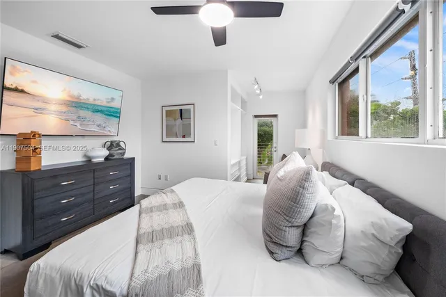 a bedroom with a bed and painting on the wall