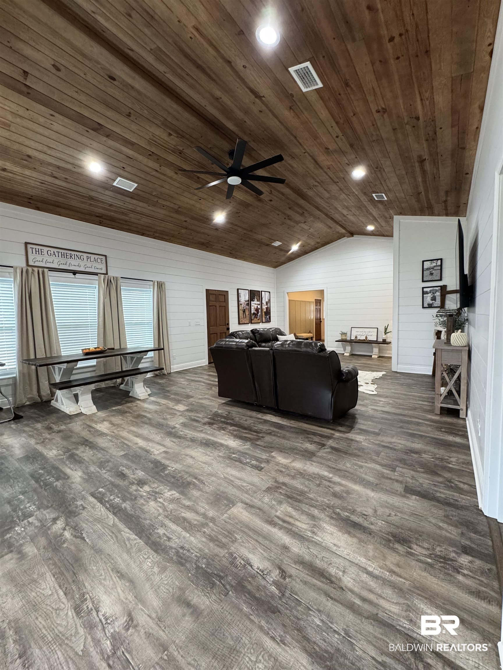 370 Dianne Road Frisco City, AL 36445 - Photo 18 of 41 Living room with lofted ceiling, dark wood-type flooring, ceiling fan, and wood ceiling