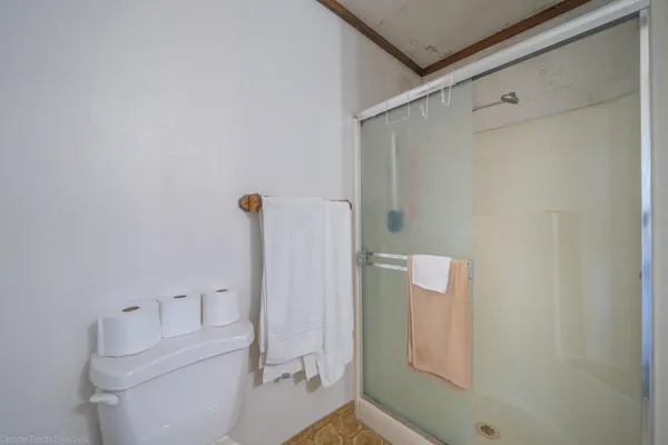 a bathroom with a shower and toilet