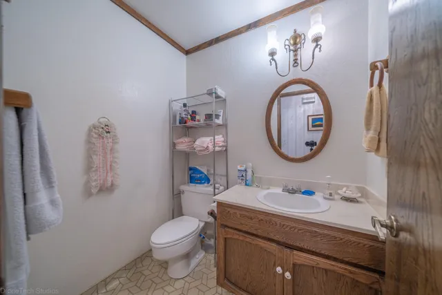 a bathroom with a toilet a sink and mirror