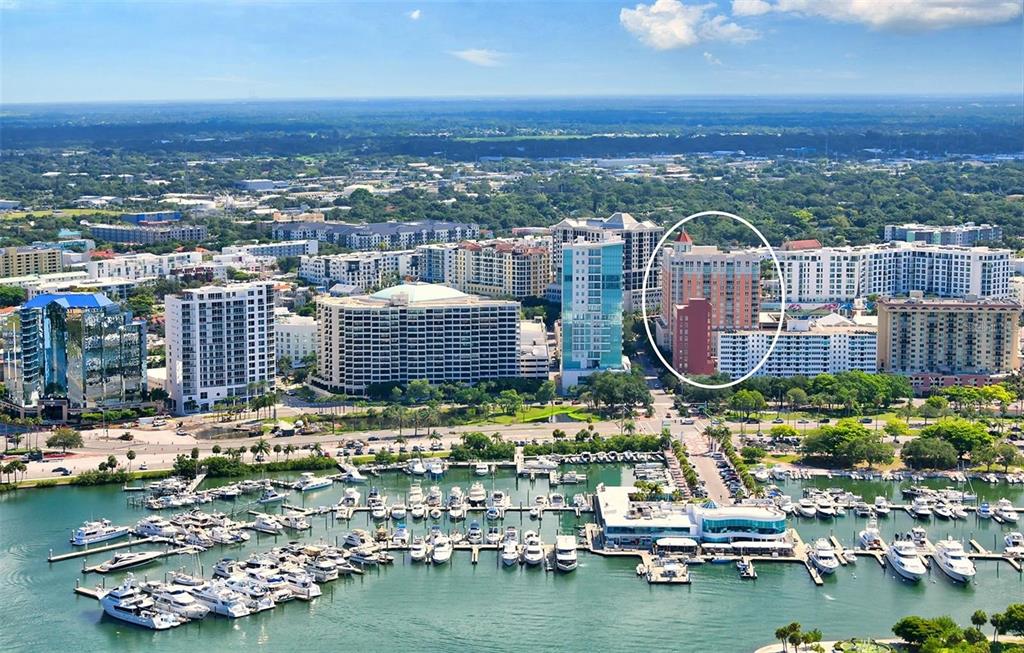 an aerial view of residential houses with outdoor space and lake view