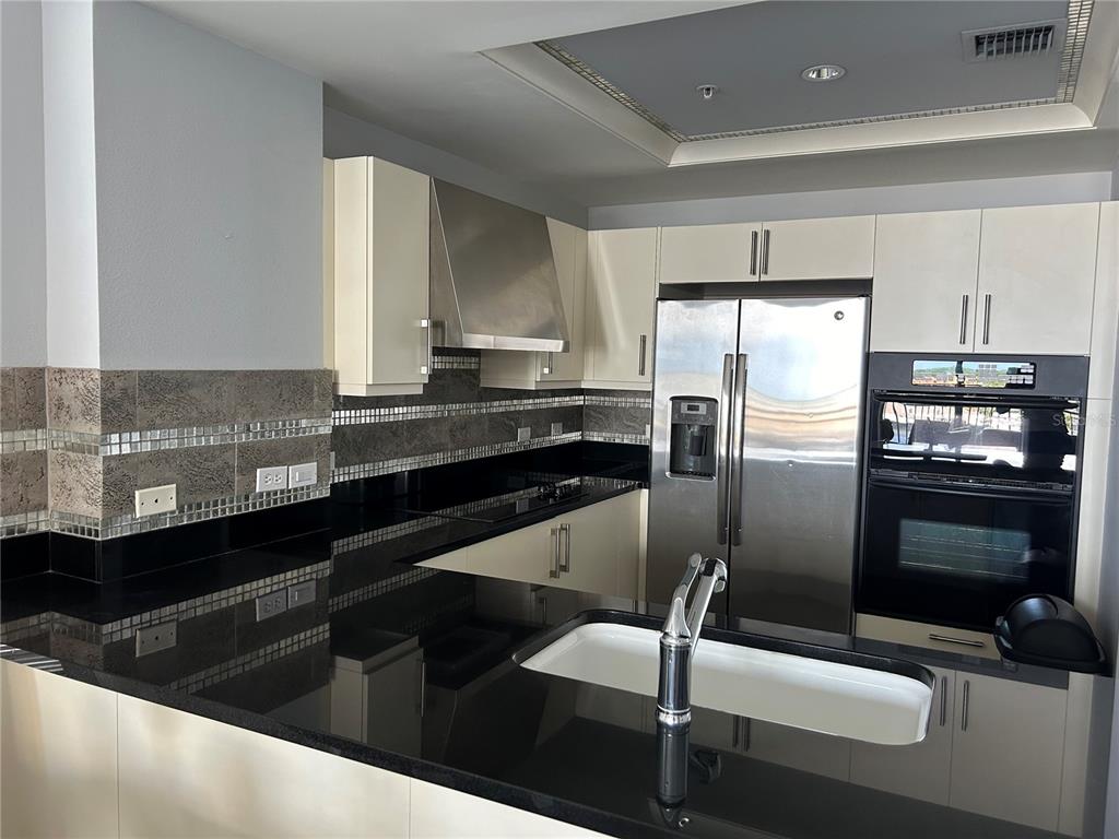 1350 Main Street, Unit 709 Sarasota, FL 34236 - Photo 14 of 56 a kitchen with granite countertop a refrigerator and a sink