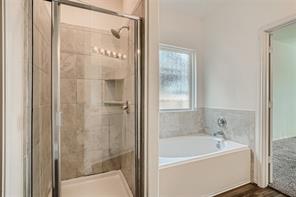 700 Mallow Road Leander, TX 78641 - Photo 20 of 28 Indulge in a tranquil retreat featuring a glass-enclosed walk-in shower and deep soaking tub.