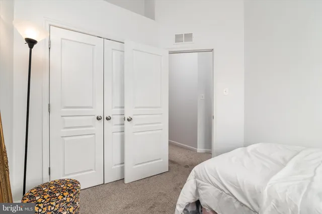 a bedroom with a bed and a closet