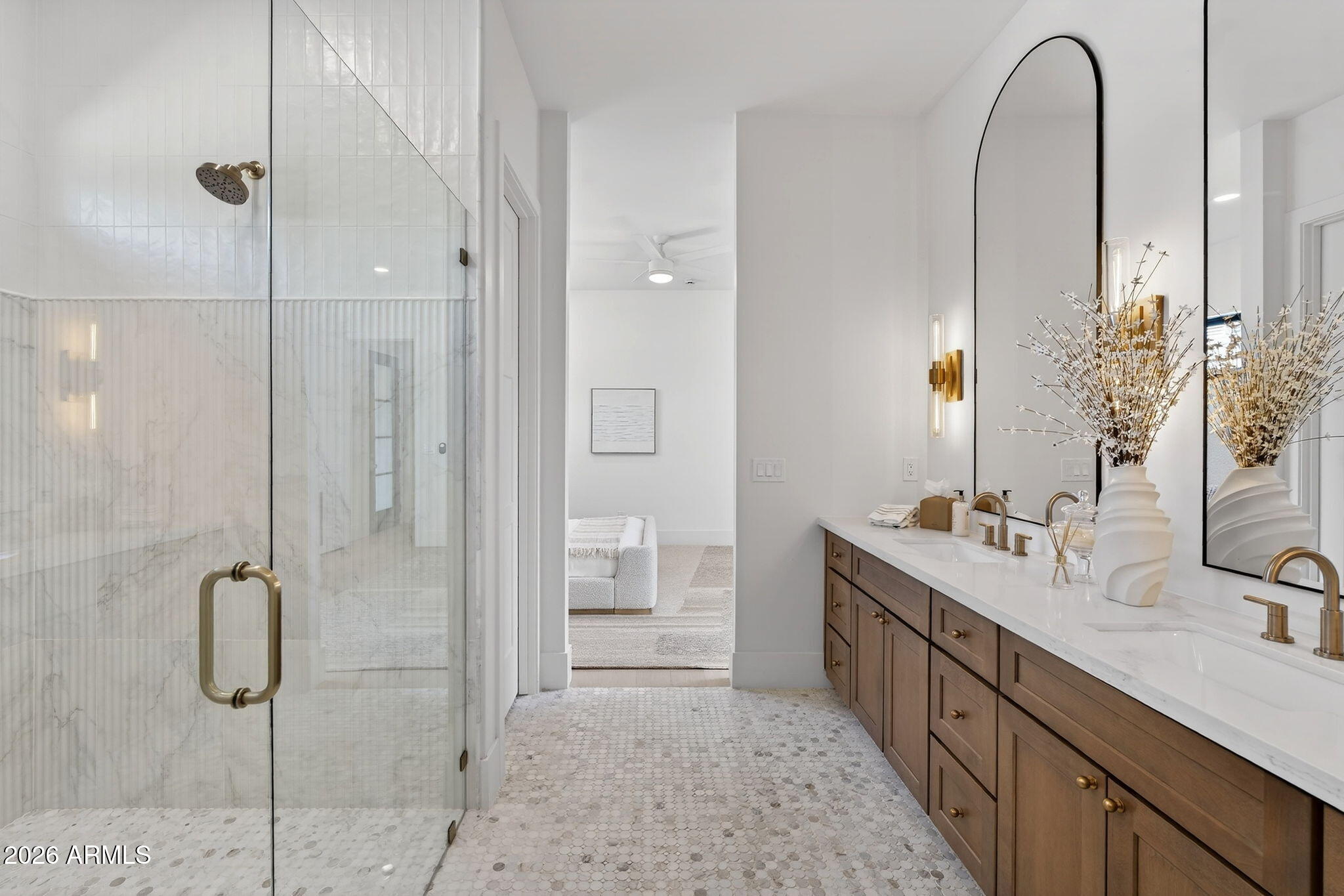 6818 North 13th Street Phoenix, AZ 85014 - Photo 35 of 65 a bathroom with a double vanity sink a mirror and a shower