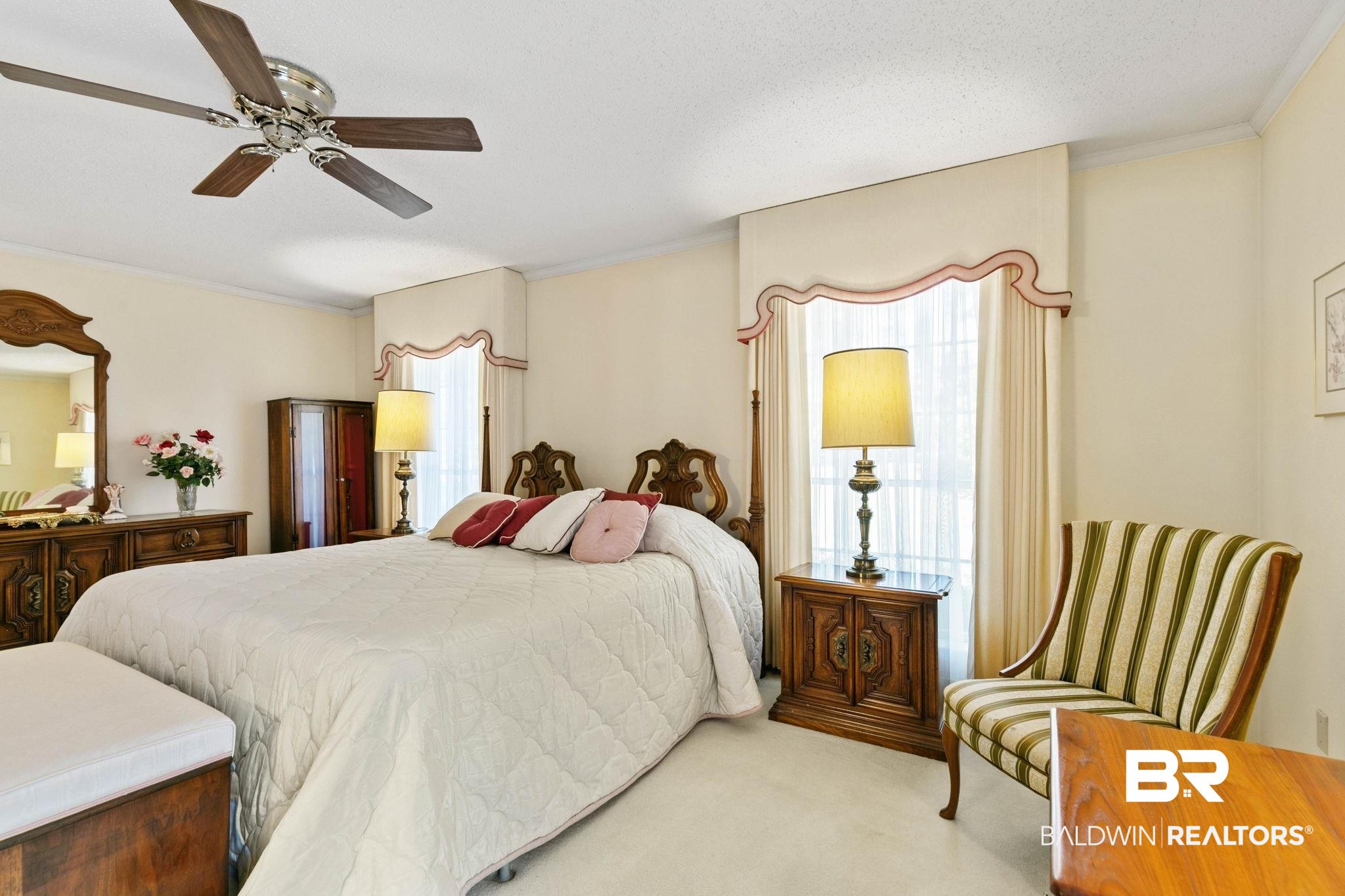 752 Evergreen Street Fairhope, AL 36532 - Photo 28 of 100 Bedroom with carpet, a ceiling fan, ornamental molding, and a textured ceiling