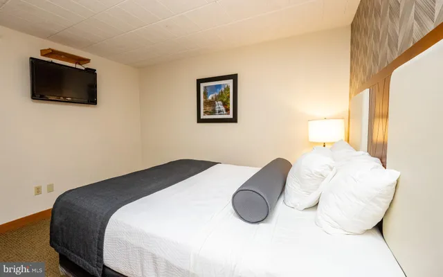 a bedroom with a bed and a flat screen tv