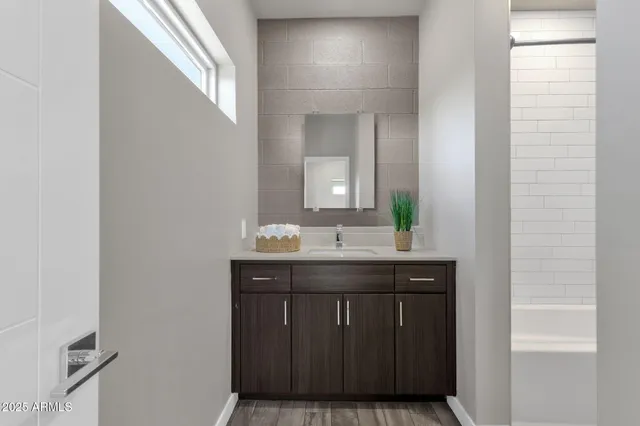a bathroom with a sink and a mirror