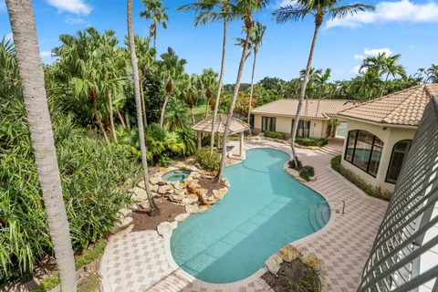 a view of a backyard with plants and a patio