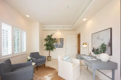 a living room with furniture and a potted plant