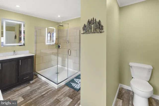 a bathroom with a shower toilet and sink