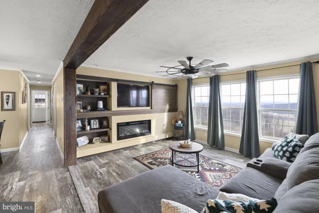 a living room with furniture and a fireplace