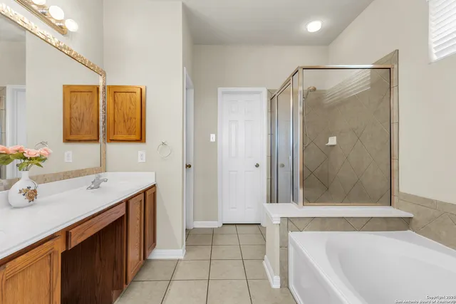 a bathroom with a bath tub sink mirror and shower