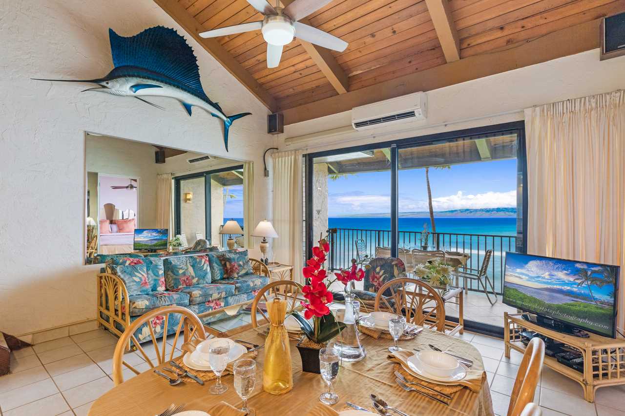 3543 Lower Honoapiilani Road, Unit F405 Lahaina, HI 96761 - Photo 4 of 30 a view of a dining room with furniture window and outside view