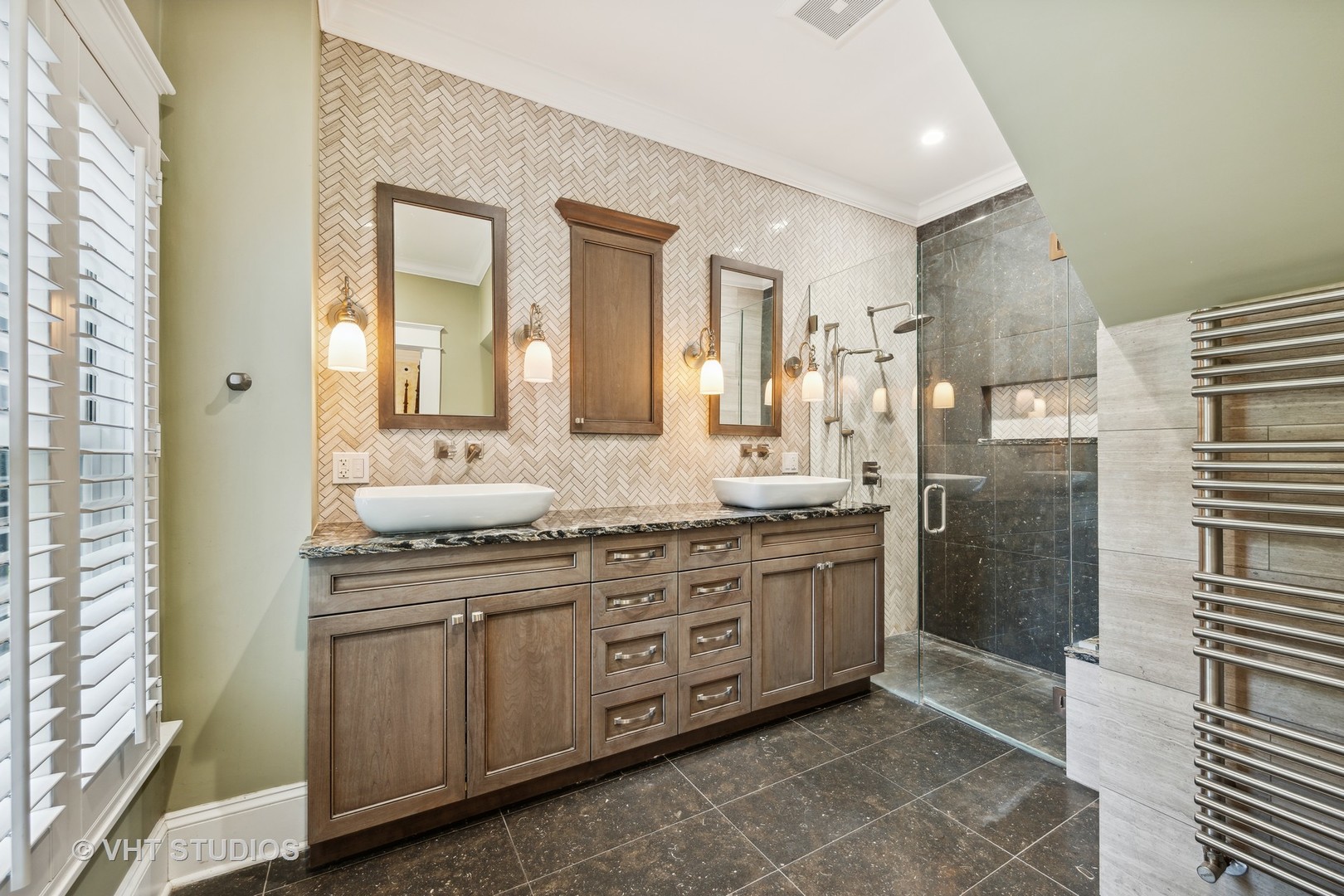 527 Cherry Street Winnetka, IL 60093 - Photo 20 of 43 a spacious bathroom with a granite countertop sink a mirror and a shower