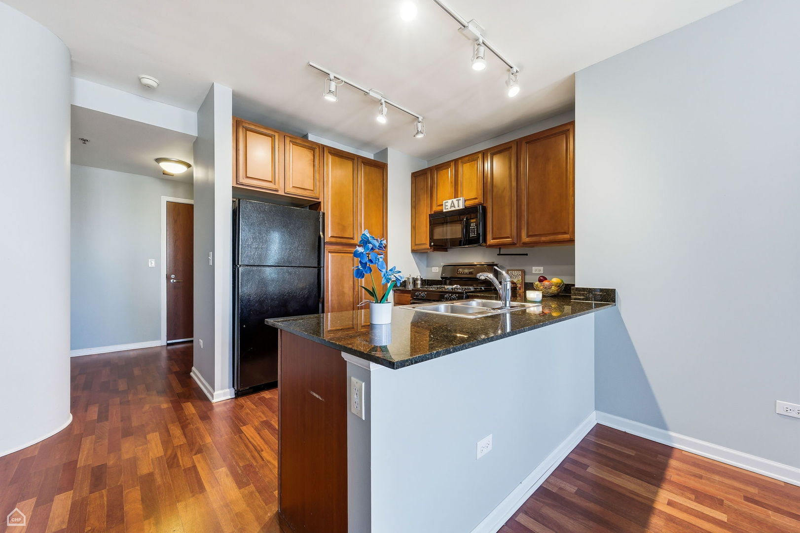 1255 South State Street, Unit 1701 Chicago, IL 60605 - Photo 4 of 21 a kitchen with stainless steel appliances a refrigerator sink and wooden cabinets