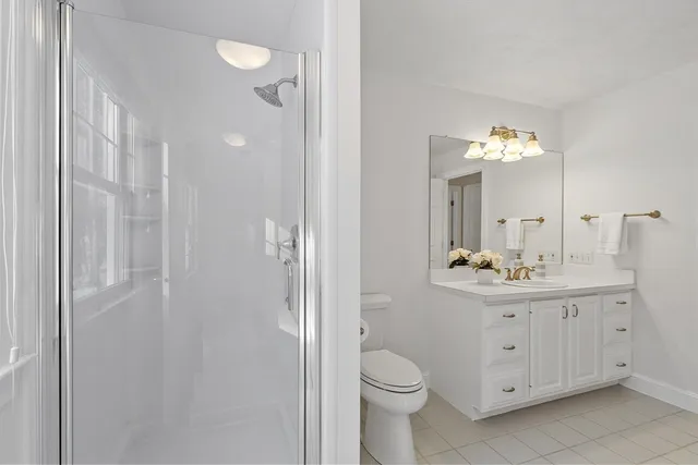 a bathroom with a toilet a sink a light fixture and a glass door