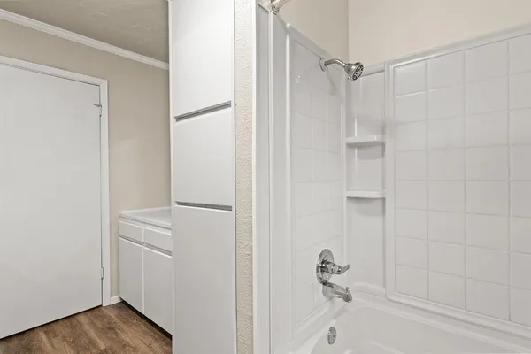 a bathroom with a bathtub