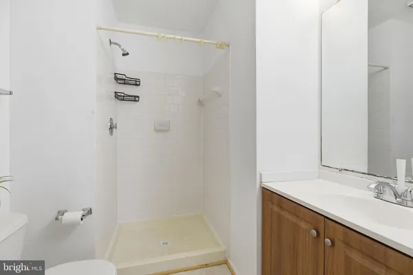 a bathroom with a shower and a sink
