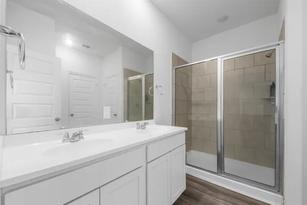 a bathroom with a shower sink and mirror